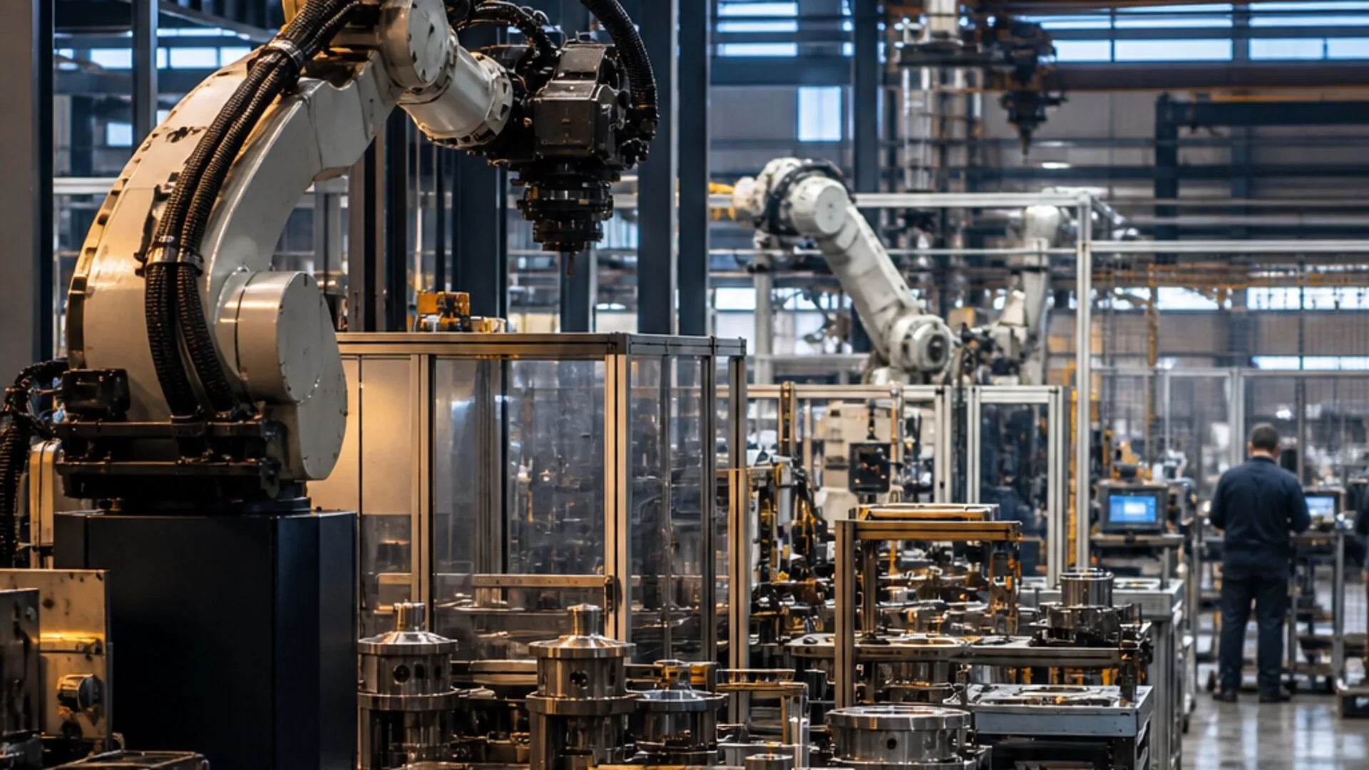 Robotic arms working on a precision manufacturing line